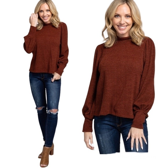 Lush Rust Mock Neck Balloon Sleeve Knit Sweater Size S - Picture 1 of 14